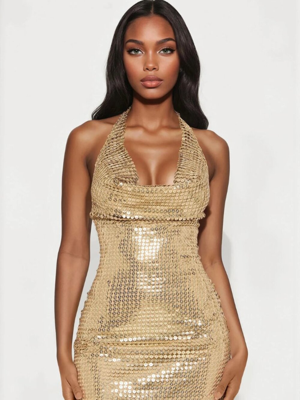 Gold Sequin Halter Midi Dress Fashion Nova NWT